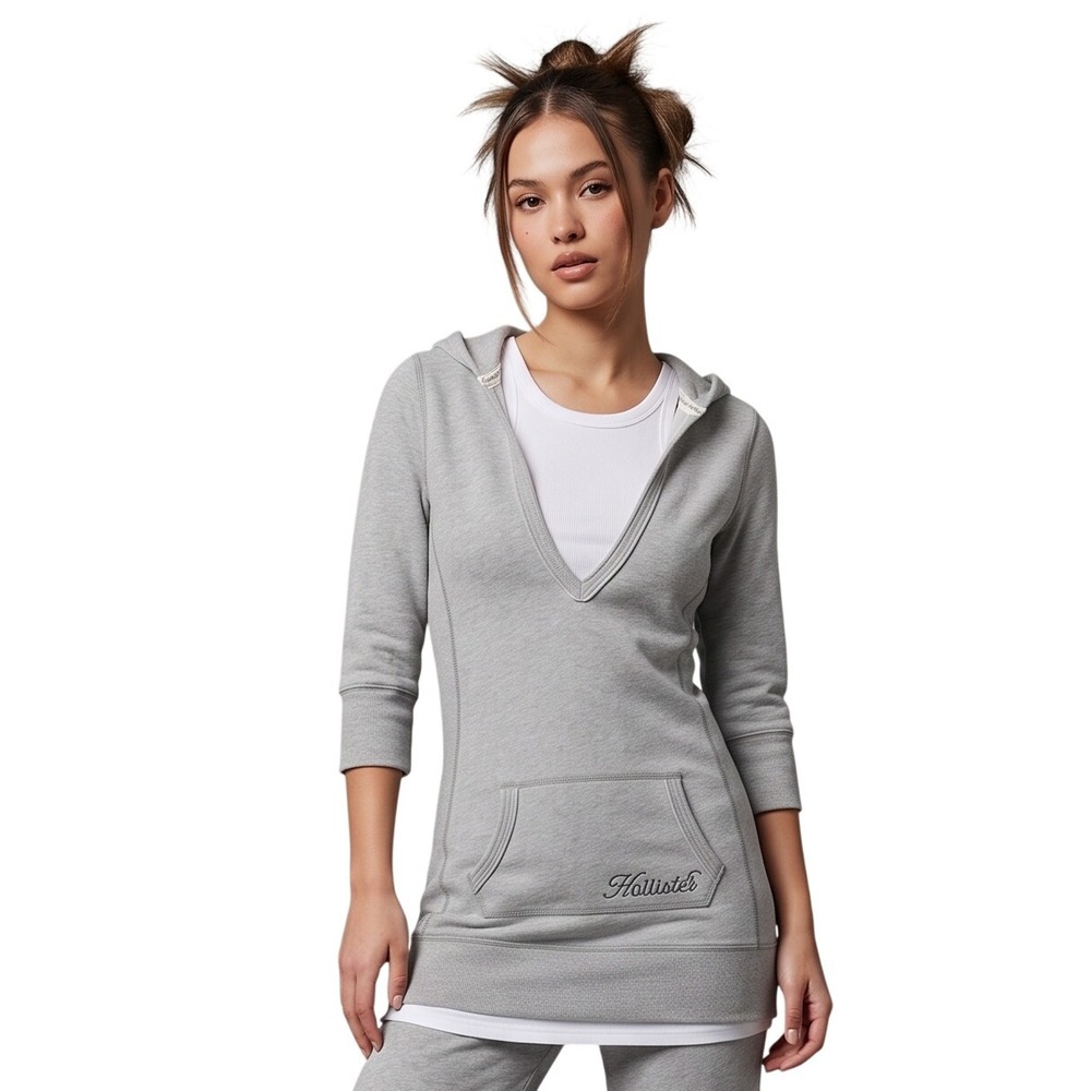 VTG Hollister Y2K Tunic Hoodie Sweatshirt Small Heather Gray Preppy Sporty